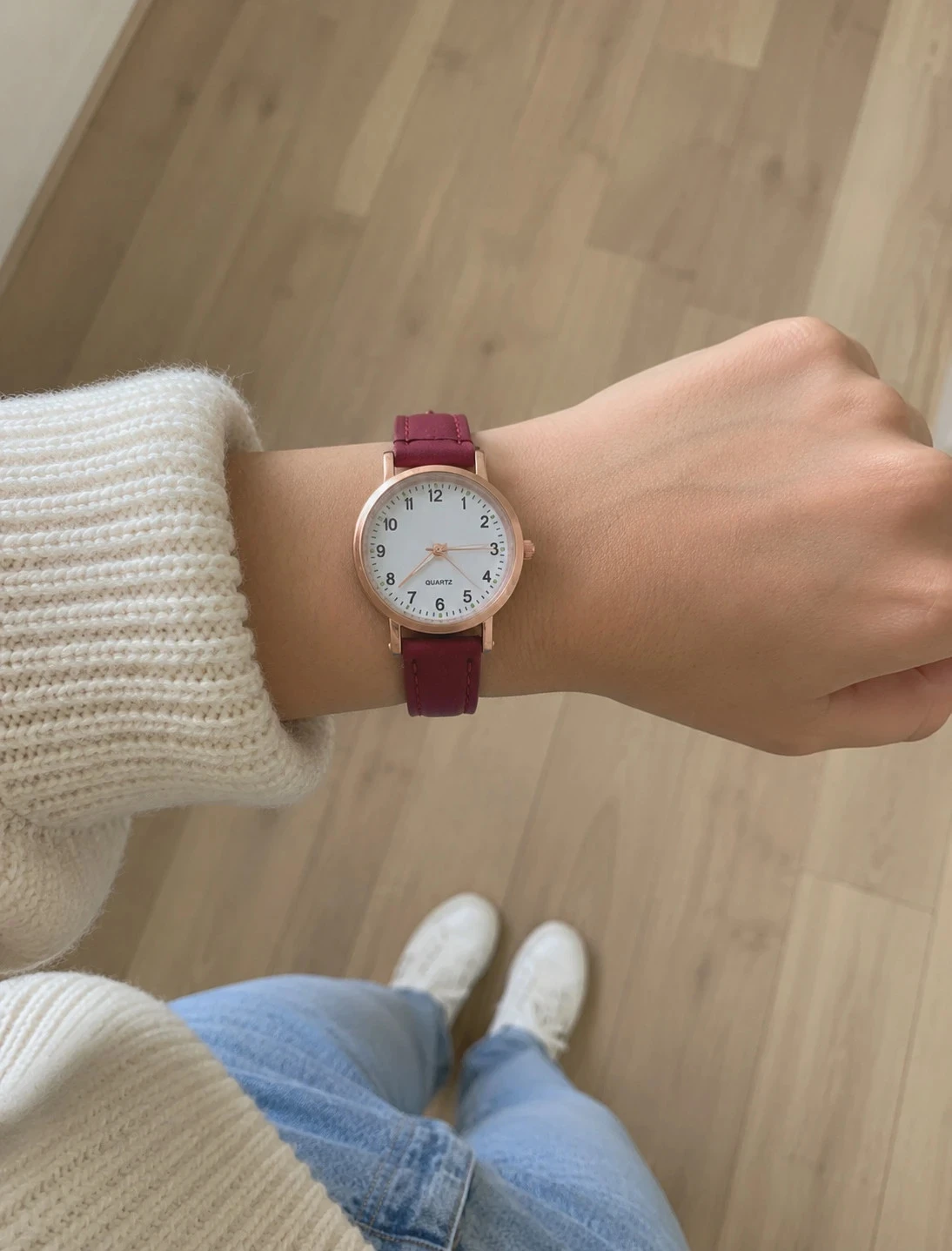 Stijlvolle minimalistische quartzhorloge - Bordeaux bandje en rosé vergulde behuizing – photo 5